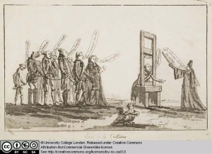 'Trying out the guillotine', a French revolution cartoon showing Louise XVI about to be executed while revolutionaries make coarse remarks, seemingly unaware that they will soon meet the same fate.  Bailly may be the fifth figure from the left, exclaiming 'Paris has re-conquered its king'.  Image UCL